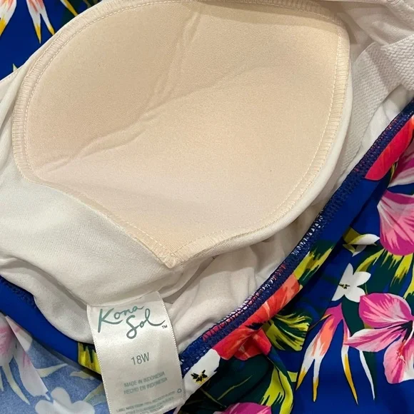 Kona Sol Sz 14W One Piece Swimsuit Floral Ruffle Top Drop Shoulder - Picture 9 of 10